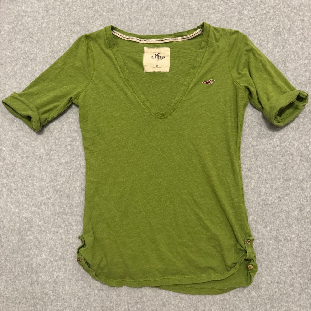 Hollister Womens Green Slub Knit V-Neck Short Sleeve T-Shirt Size M Button Hem